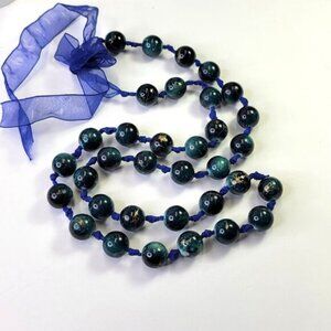 Blue Beaded Long Necklace on a Ribbon